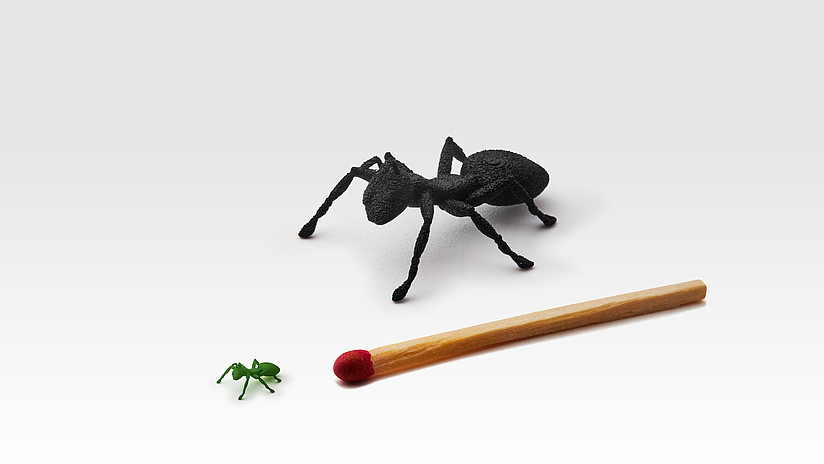 Das Bild zeigt eine große lasergesinterte Ameise in schwarz, sowie eine kleine grüne lasergesinterte Ameise in der Größe eines Kopfes eines Streichholzes, welche die Möglichkeiten der neuen FDR Technologie verdeutlichen soll.