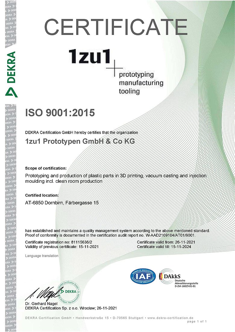 The picture shows the ISO 9001: 2015 certificate from 1zu1 Prototypen GmbH & Co KG, which is valid until November 2024.