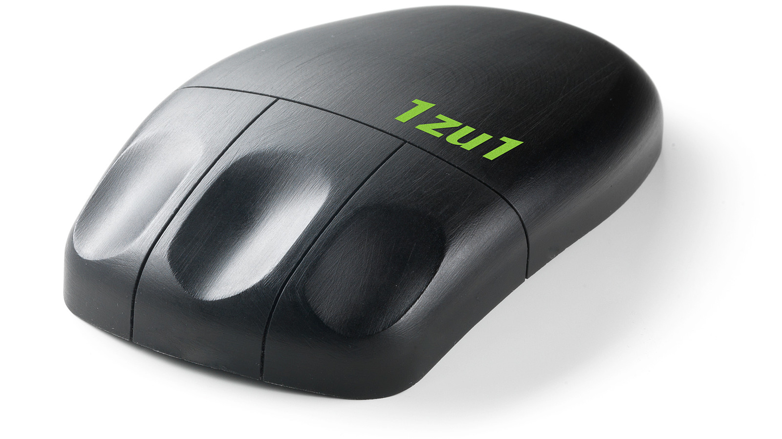 Matte black plastic mouse with green 1zu1 font